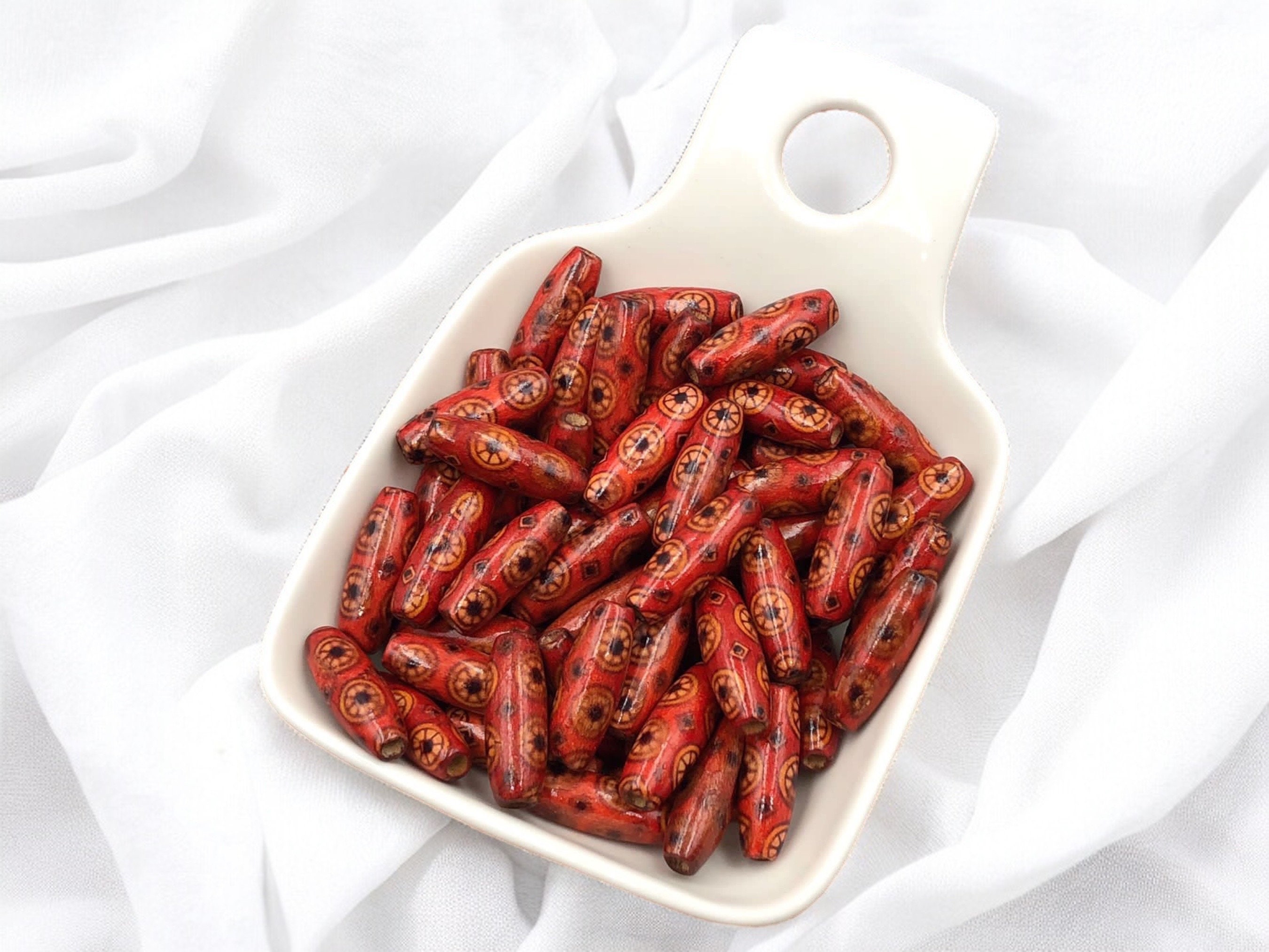 Natural Red Wood Tube Pattern Beads Oval Shaped Wooden Spacer Beads for Jewelry Making Craft Supplies