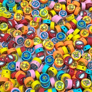 May include: A vibrant assortment of colorful, round beads. The beads feature various cartoon character designs in shades of red, orange, yellow, blue, and pink. These beads are ideal for crafting and jewelry making.