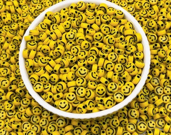 6mm Round Shaped Smiley Face Acrylic Beads, Yellow Colorued İnitial Acrylic Beads, Emoji Beads, Acrylic Beads Kids Women