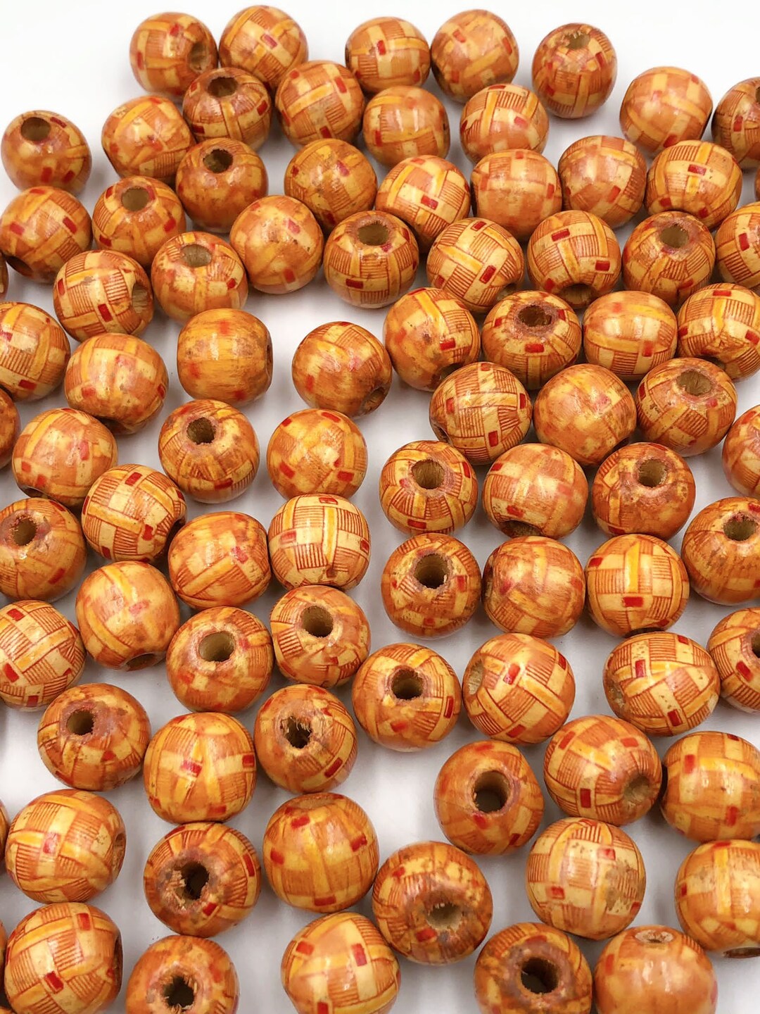 Olive Wood Shaped Large Beads for Jewelry Making, Round Patterned Wood