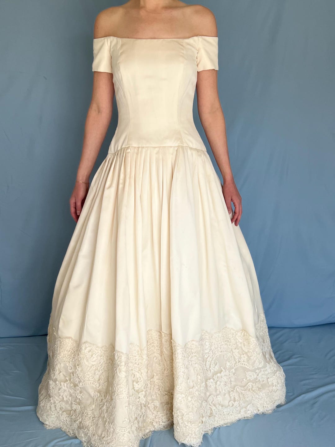 1990s Vera Wang Silk Wedding Dress | off Shoulder Drop Waist Ballgown With Rosettes