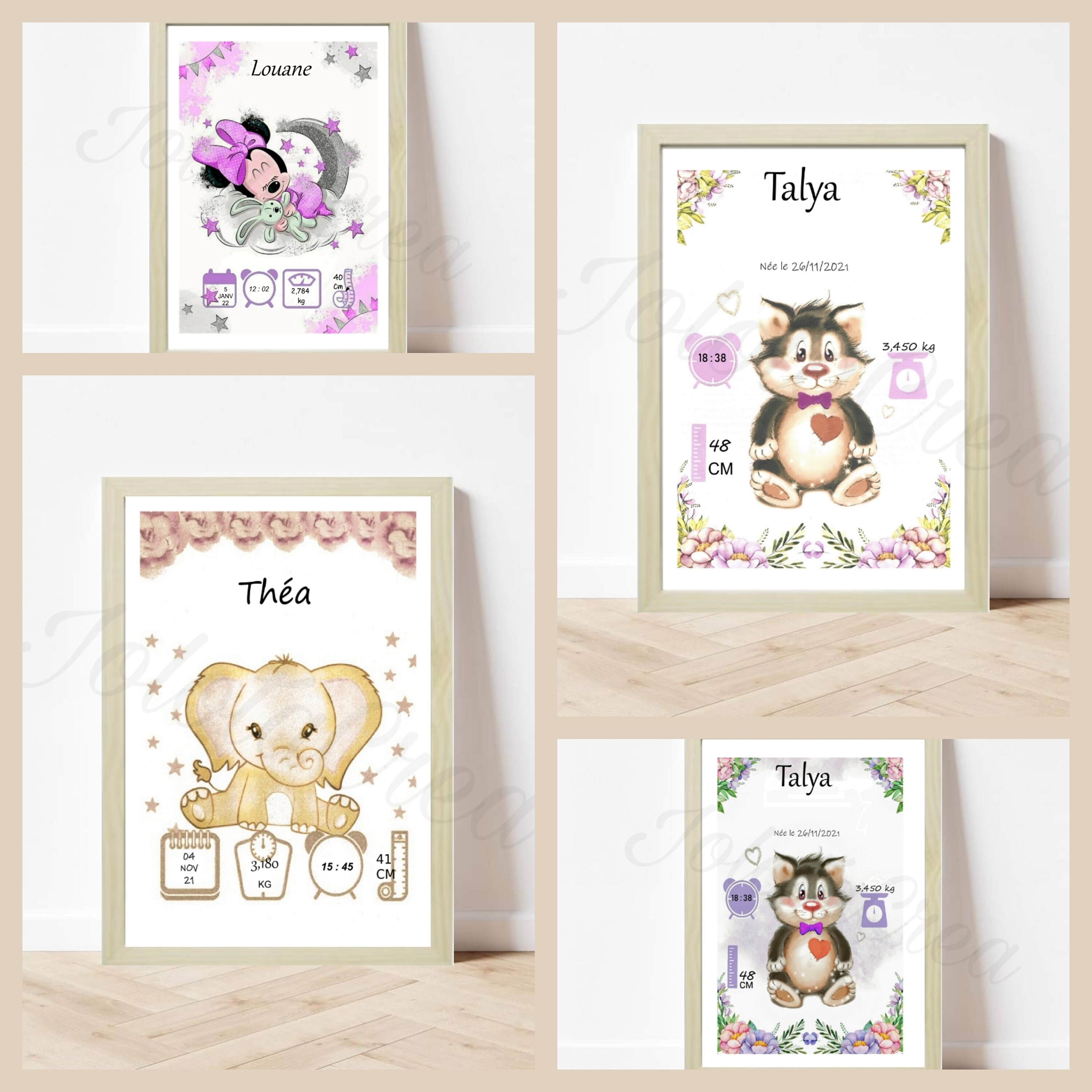 Affiche Cadre Naissance Personnalisé, Minnie, Dumbo, Chat