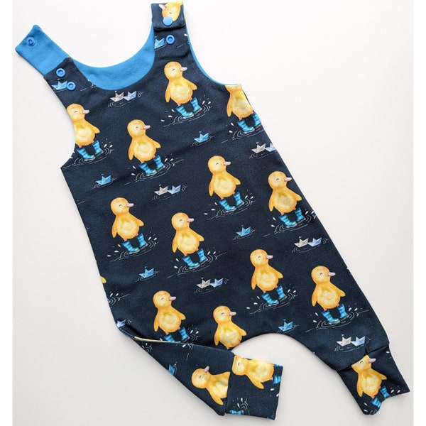 Duck romper, baby romper, handmade dungarees, toddler clothing, children's romper, yellow duck, gender neutral baby clothing