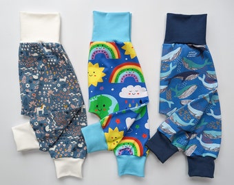 baby harem pants, comfy trousers, harems, cloth nappy friendly, unisex baby clothing, baby outfits, baby toddler trousers, bright children's