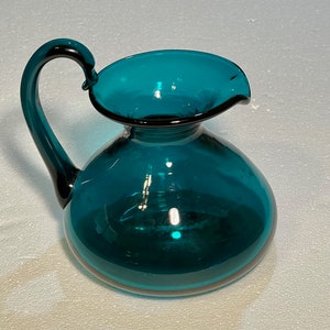 Vintage Mid Century Handblown Pitcher, Teal Glass, Pontil, 6&quot; Tall