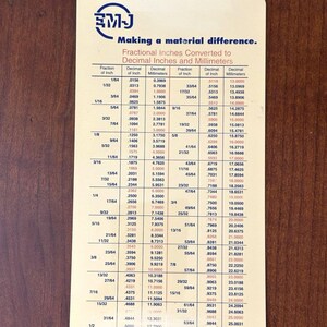 May include: A white and black conversion chart, titled "Fractional Inches Converted to Decimal Inches and Millimeters." The chart lists fractions of an inch, decimal equivalents, and millimeter conversions.