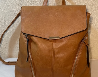 Brown Leather Handbag / Backpack, Adjustable Shoulder Strap, Gold Hardware
