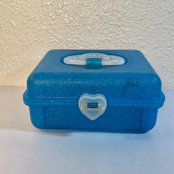 Vintage 1990s Caboodles Carrying Case, Blue Sparkle Heart Mirror, 5.5 X 5 X 3"