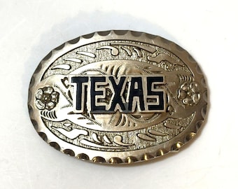 Vintage Texas Western Silver Tone Belt Buckle Raised Lettering Floral Engraved