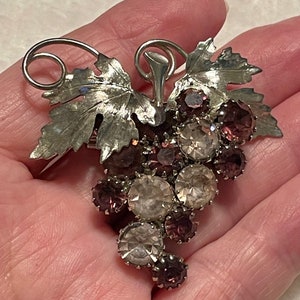 Vintage Park Lane Amethyst Rhinestones Grape Cluster Brooch, Silver Plated, Untested, Prong Set Stones