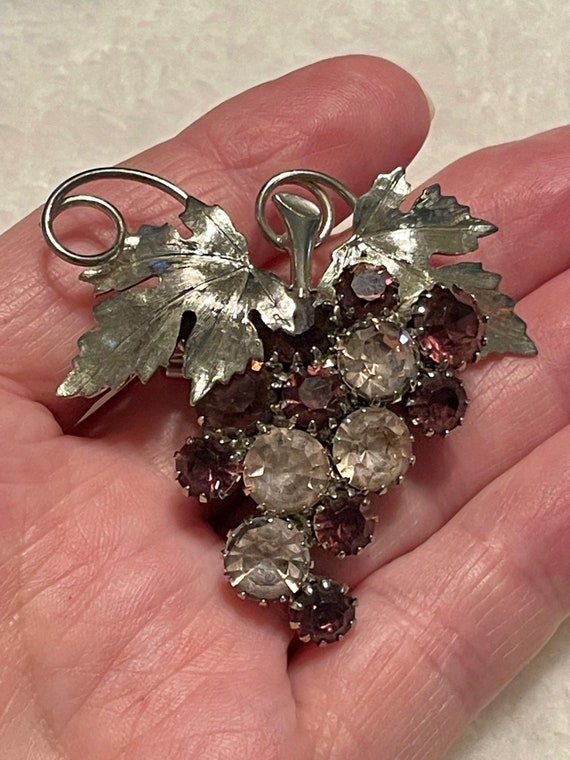 Vintage Park Lane Amethyst Rhinestones Grape Cluster Brooch, Silver Plated, Untested, Prong Set Stones