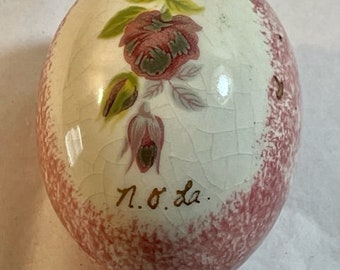 Vintage 3” Ceramic Egg, Hand Painted Floral Design, Signed N. O. La