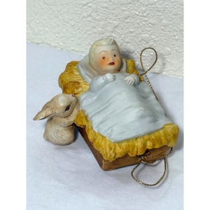 Vintage House of Hatten Jesus In A Manger Porcelain Ornament With Rabbit, 3.5&quot; Rare Christmas Decor