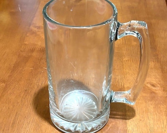 Vintage Large Clear Glass Beer Stein / Mug Heavy Thick Glass 7" Tall