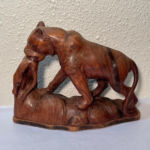 Vintage Hand Carved Wood Sculpture, Lion Attacking Dear, 10.5&quot; X 7.5&quot; X 3.5&quot;