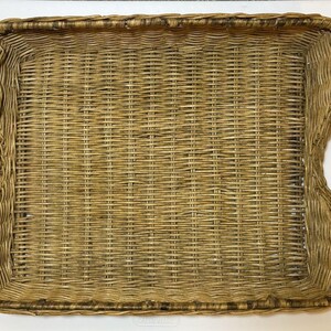 May include: Rectangular woven wicker tray with integrated handles. The tray is a light brown color with darker brown accents around the edges and handles. The weave pattern is tight and consistent, creating a sturdy surface.