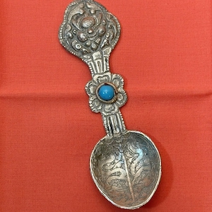 Antique 5&quot; Tibetan Silver Medicine Spoon With Turquoise Center