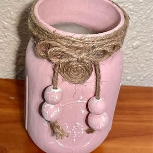 Rustic Hand painted & Distressed Pastel Pink Mason Pint Jar, Jute Twine and Wood Bead, Farmhouse