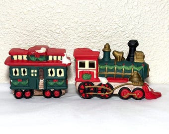 Tren navideño de cerámica vintage de 2 piezas, 1 motor y 1 vagón
