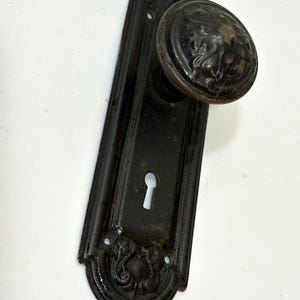 May include: A black metal door knob and rectangular backplate featuring a raised lion head design on the knob and decorative scrollwork at the top and bottom of the plate. The backplate includes a central keyhole and visible screw holes.