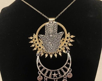 Hamsa Hand Fashion Collar, 28 "Cadena con 3" de extensión, oro y plata tono metal, bisutería