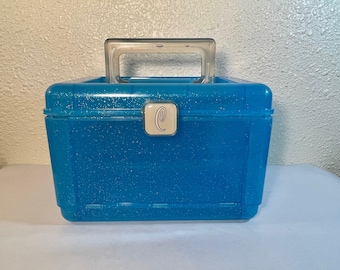 Vintage Caboodles Torba transportowa, jasnoniebieska, z lusterkiem, około 8 X 6 X 5-1/4&quot;