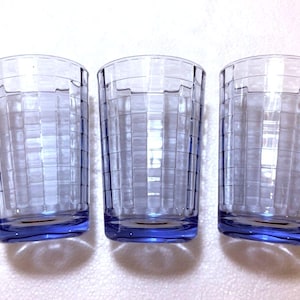 Vintage 3 PC Pasabahce Scotch Blue Block Optic Tumblers Windowpane Juice Glasses
