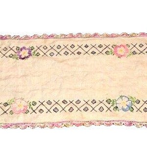 Vintage Hand-Embroidered Table Runner Dresser Scarf Floral Crocheted Lace Border