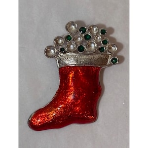 Vintage Christmas Stocking Brooch Pin With Red Enamel & Green Rhinestones