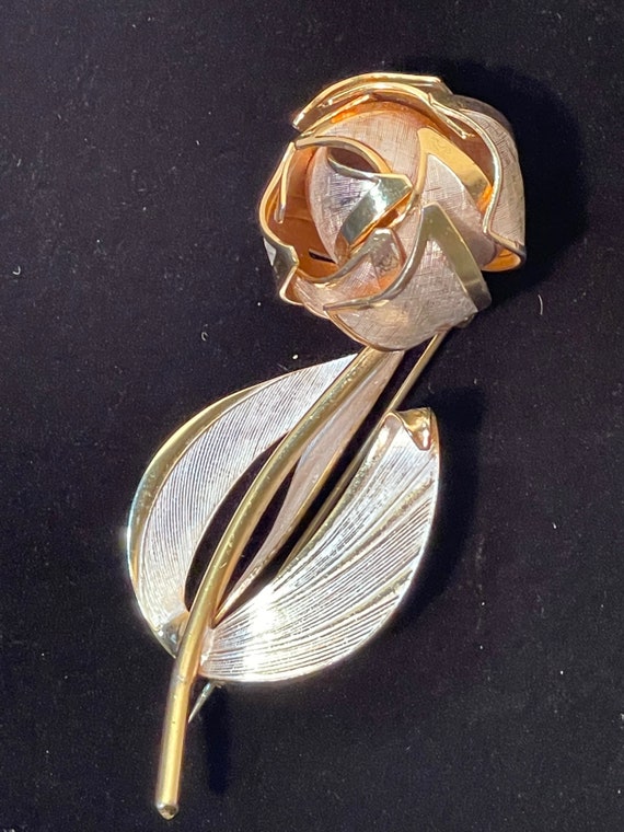 Vintage 3D Rose Bud Brooch, 3" Long, Gold Plated T