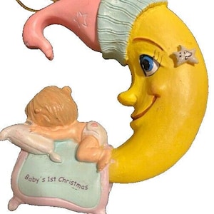 Vintage Baby&#39;s First Christmas Ornament Baby Sleeping on Moon