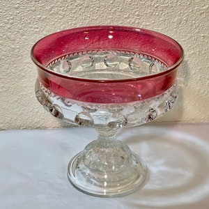 Vintage Large Kings Crown Thumbprint Footed Compote, Clear Glass Bowl with Cranberry Flashing