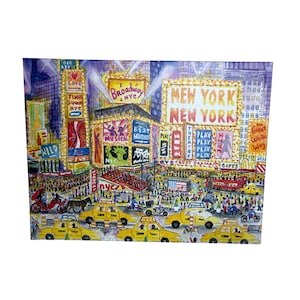 May include: A colorful painting of Times Square in New York City. The painting features bright yellow taxis, red buses, and many people walking around. There are many signs with the words "New York" and "Broadway" on them.