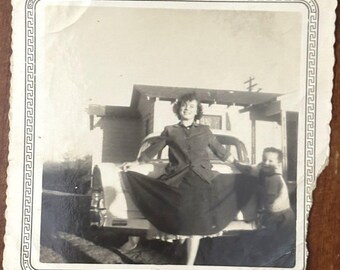 Vintage 1953 Photograph Unknown Woman Child Car 3.5 X 3.5 Black & White