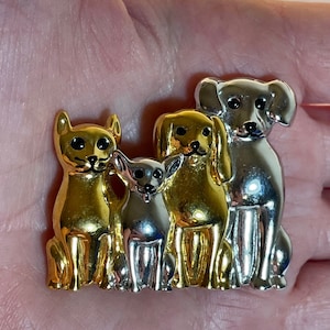 Dog and Cat Brooch, Silver & Gold Tone, 1.5 X 1.75&quot;, Costume Jewelry, Unmarked