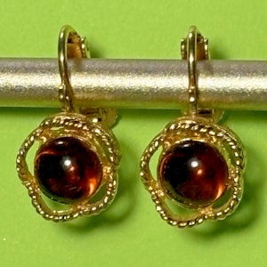 Puede incluir: Un par de pendientes dorados con un centro de piedra de color ámbar oscuro. Los pendientes tienen un diseño decorativo, similar a una cuerda, alrededor de la piedra. Los pendientes se muestran sobre un fondo verde claro.