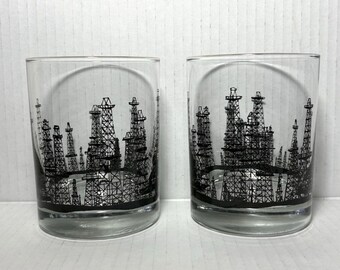 Vintage Mid Century Oil Derrick Gläser 2 Low Ball Whisky Cocktail Gläser