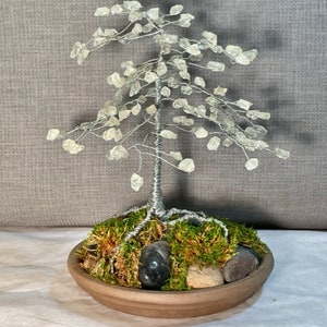 8&quot; Tall Handmade Metal Wire & Acrylic Stone Tree on Rock Mound, Art Decor