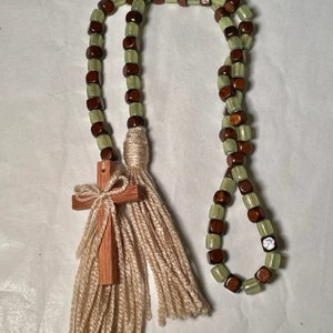 Handmade, 44” Wood/Acrylic Beaded Garland w/ Wooded Cross & Tassels, Unique Gift