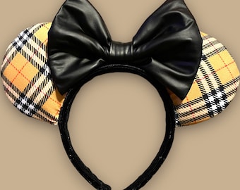 Luxury Designer Minnie Mickey Mouse Ears, Minnie: Plaid Black Faux Leather Bow ONE Left!!