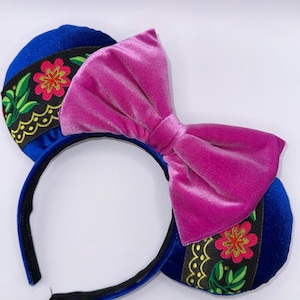 NEW Anna Frozen Inspired Velvet Mouse Ears, Minnie Ears, Mickey Ears, Floral jacquard Ribbon, Princess Ears