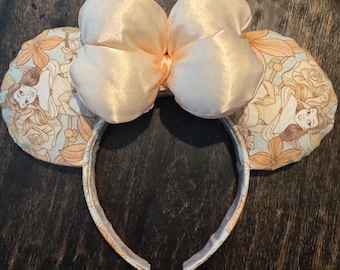 NEW Princess Belle Minnie Mickey Mouse Ears: Floral Beauty and the Beast, Big Satin Bow