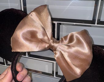 Neutral Brown Velvet Minnie Mickey Mouse Ears w Tan Satin Bow