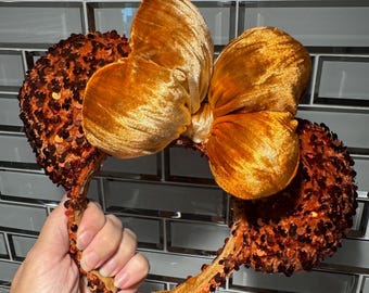 Copper Rust Sequin Minnie Mickey Ears: Puffy Tie Dye Velvet Bow, Halloween, Frontierland Bound