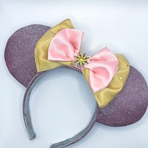 NEW Princess Rapunzel Tangled Mouse Ears, Minnie Ears, Mickey Ears, Purple Glitter w Double Satin Bow, Gold Sun