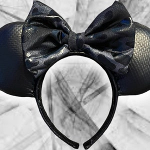 NEW Black Textured Faux Leather Mouse Ears w Cheetah Print Bow, Minnie Ears, Mickey Ears