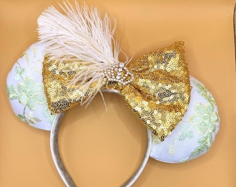 Princess Tiana Minnie Mickey Mouse Ears: Embroidered Flowers, Sequin Bow & Ostrich Feather