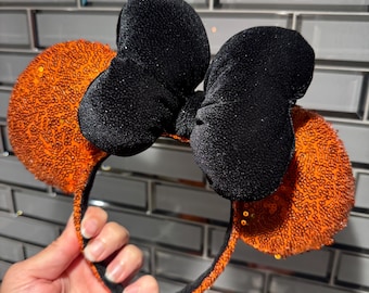 NEW Orange Sequin Minnie Mouse Ears: Big Puffy Black Glitter Velvet  Bow, Halloween