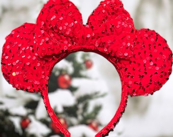 Bright Red Velvet & Sequin Mouse Ears, Minnie Ears, Mickey Ears