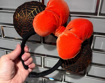NEW Halloween Minnie Mickey Mouse Ears: Black w Orange Spiderwebs, Big Puffy Velvet Bow